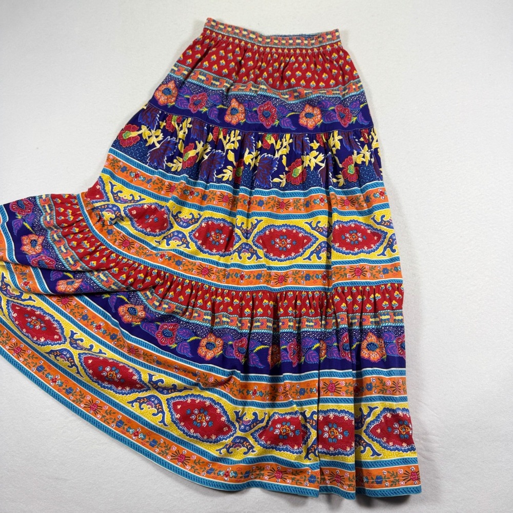 Vintage Adrienne Vittadini Sport Cotton Maxi Skirt Small Red Blue Boho Tiered